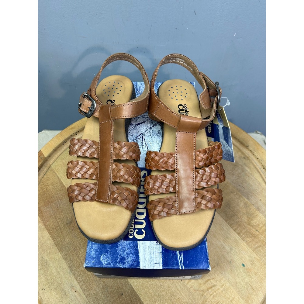 Cobbie Cuddlers Sandals Womens 8.5 Tan Leather Woven T-Strap Dream Air 27878